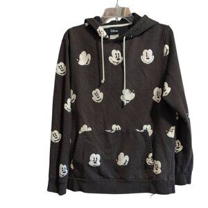 Disney Hoodie Pullover Black & White Geographic Mickey Mouse Fleece Sweater